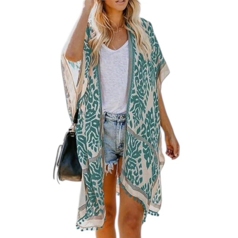 DOKOTOO Chiffon Kimono Cover Up Aqua Ivory Pom Trim OS Beach Resort Boho NWT